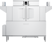 A large, industrial stainless steel Hobart conveyor dishwasher with double front doors, touch screen controls on a central display panel, prominent vertical handles, side extensions, and visible pipes and supports at the bottom.
