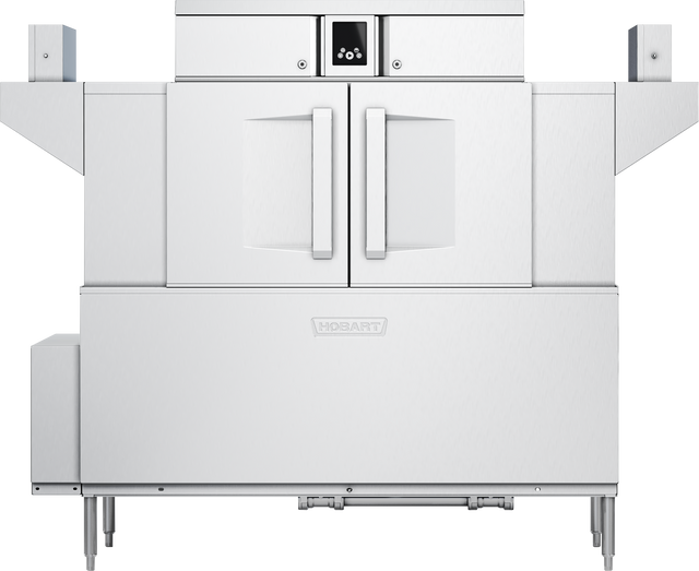 A large, industrial stainless steel Hobart conveyor dishwasher with double front doors, touch screen controls on a central display panel, prominent vertical handles, side extensions, and visible pipes and supports at the bottom.