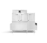 A large, industrial stainless steel conveyor dishwasher with double front doors, a digital control panel on top, and sturdy legs. Designed for high-capacity use in professional kitchens, it features automatic soil removal for better efficiency.