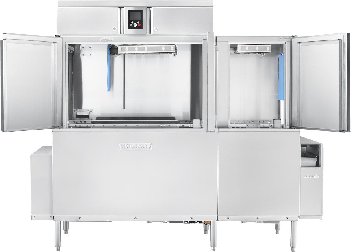 A large, industrial stainless steel Hobart conveyor dishwasher with two open front doors reveals interior racks and spray arms; it features automatic soil removal, a top-center control panel, and stands on four legs.