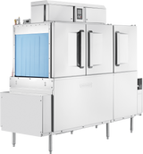 A large, industrial stainless steel conveyor dishwasher with two vertical handles on front doors, a digital control panel on top, blue entry curtain on the left side, drain water energy recovery system, and the Hobart logo embossed on the front panel.