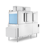 A large, industrial stainless steel conveyor dishwasher with two front doors and a blue conveyor entrance. Featuring automatic soil removal, control panels on top, and short legs, its designed for heavy-duty commercial kitchens. Transparent background.