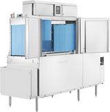A large Hobart conveyor dishwasher with drain water energy recovery features two open doors revealing a blue interior. This industrial stainless steel machine includes a digital control panel, multiple compartments, and stands on short legs.