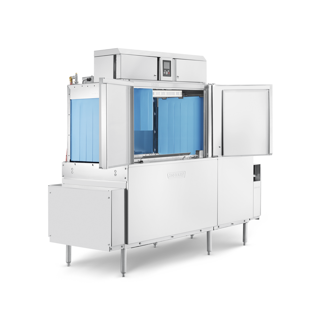 A large conveyor dishwasher with a stainless-steel exterior, blue interior panels, and various access doors open. The unit stands on four legs, featuring control buttons, a display screen, and automatic soil removal functions for efficient cleaning.