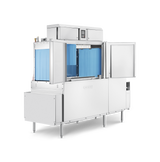 A large conveyor dishwasher with a stainless-steel exterior, blue interior panels, and various access doors open. The unit stands on four legs, featuring control buttons, a display screen, and automatic soil removal functions for efficient cleaning.