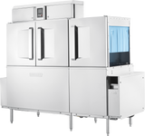 A large commercial conveyor dishwasher with double front doors, black vertical handles, control panel on top, drain water energy recovery, and an open blue-rack section on the right—perfect for high-capacity kitchen use.