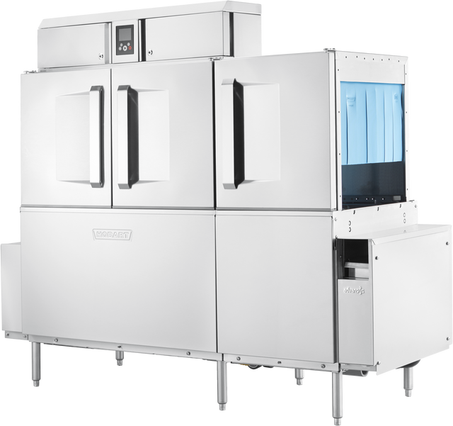 A large commercial conveyor dishwasher with double front doors, black vertical handles, control panel on top, drain water energy recovery, and an open blue-rack section on the right—perfect for high-capacity kitchen use.