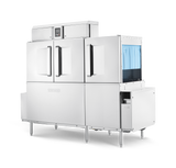 A large industrial stainless steel conveyor dishwasher with double front doors, raised control panel on top, and blue interior racks partially visible on the right side. Features automatic soil removal for efficient cleaning and stands on sturdy metal legs.