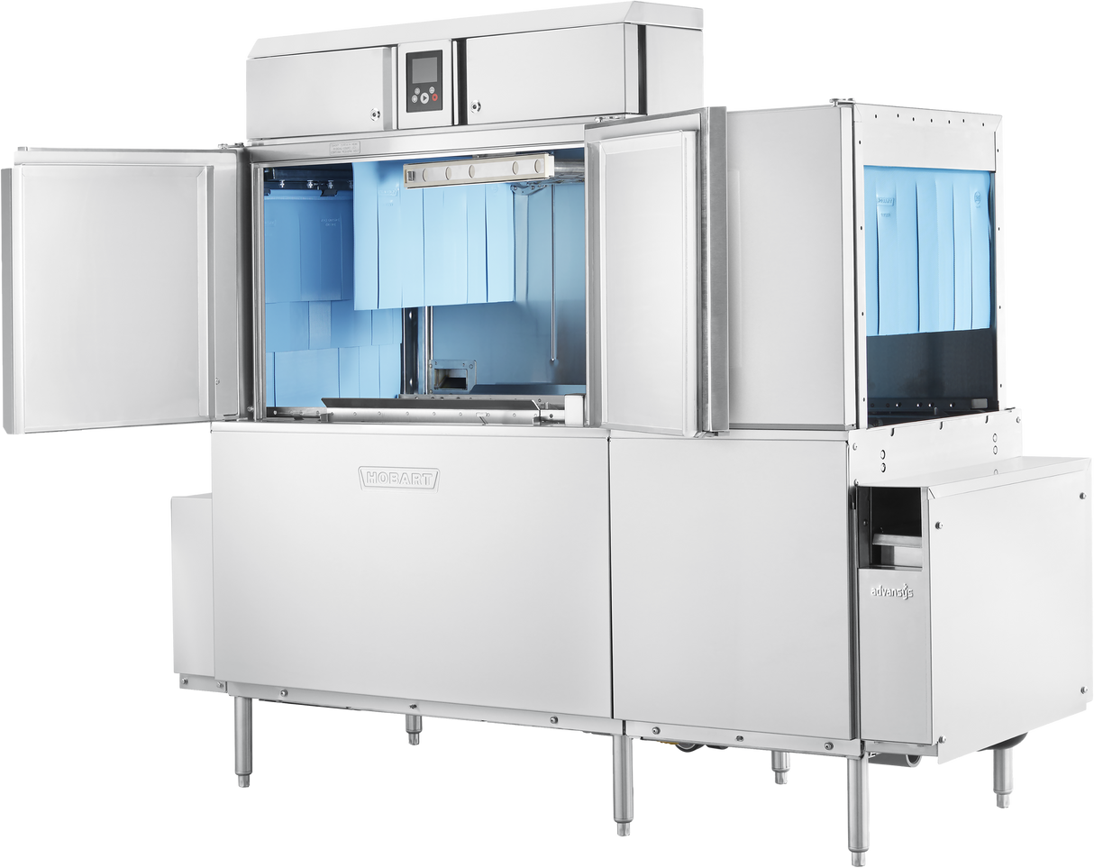 A large commercial stainless steel conveyor dishwasher with its front doors open reveals blue plastic curtain strips inside. The machine stands on several legs, has a digital control panel, and features automatic soil removal for efficient cleaning.