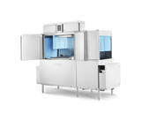 A large stainless steel conveyor dishwasher with front doors open reveals a blue-lit washing chamber. Featuring automatic soil removal and a control panel, the unit stands on metal legs against a plain white background. Various compartments are visible inside.