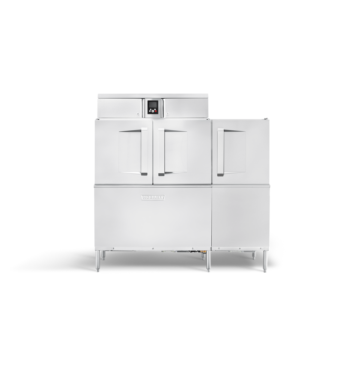A large, industrial Hobart conveyor dishwasher with two top and two bottom doors, elevated on metal legs. Featuring a digital control panel and sleek stainless steel design, this energy star unit blends modern efficiency with powerful performance.