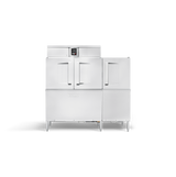 A large, industrial Hobart conveyor dishwasher with two top and two bottom doors, elevated on metal legs. Featuring a digital control panel and sleek stainless steel design, this energy star unit blends modern efficiency with powerful performance.