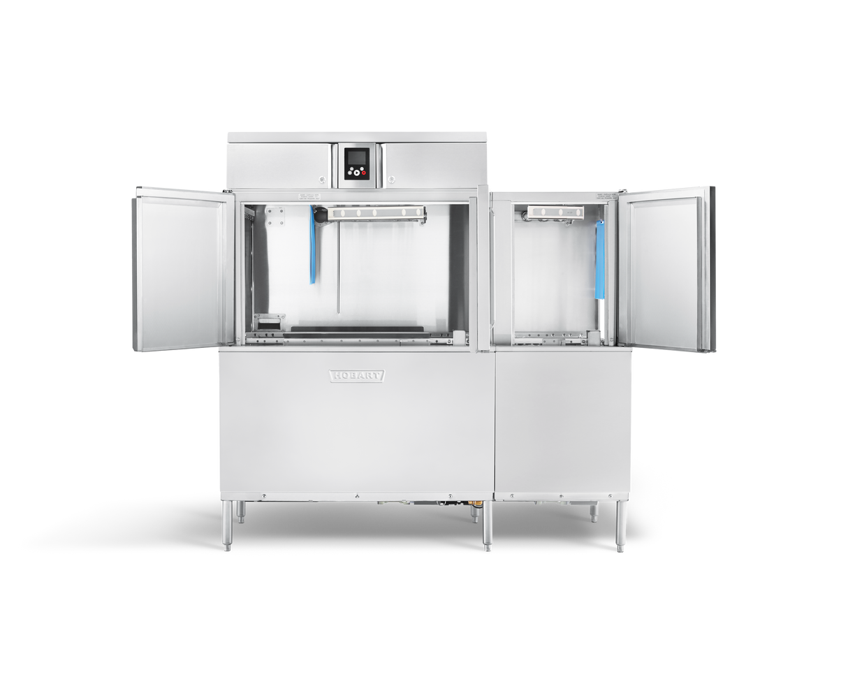 A stainless steel conveyor dishwasher with two large hinged doors open, revealing an empty interior with spray arms and racks. The control panel is on top center, and the machine stands on four legs against a plain black background.