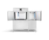 A stainless steel conveyor dishwasher with two large hinged doors open, revealing an empty interior with spray arms and racks. The control panel is on top center, and the machine stands on four legs against a plain black background.