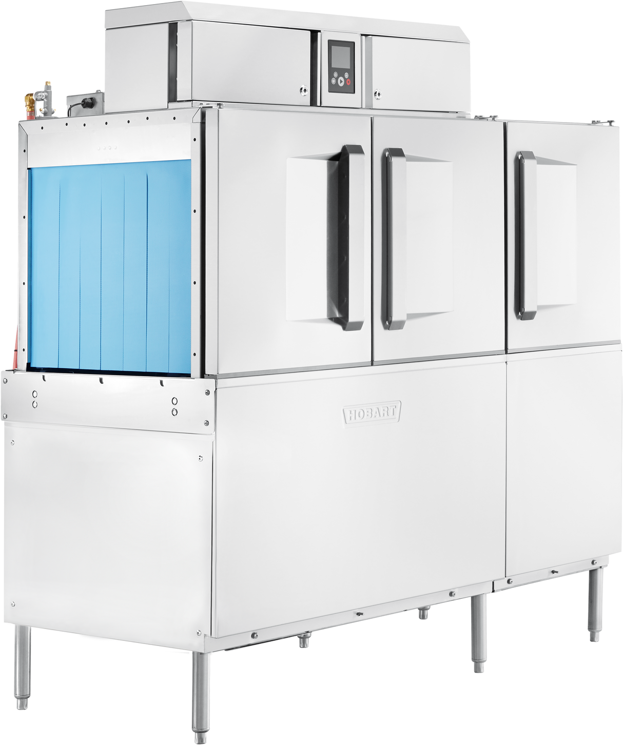 A commercial stainless steel Hobart conveyor dishwasher with a digital control panel on top, two front doors with black handles, a blue vertical panel on the left side, and four adjustable legs, designed for heavy-duty kitchen use.