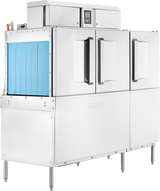 A large industrial Hobart CL66C commercial dishwasher with two front doors, a blue plastic curtain on one end, control panel on top, and sturdy metal legs. The brand Hobart is embossed on the front of this powerful conveyor dishwasher.