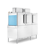 A large, industrial stainless steel conveyor dishwasher with three doors and vertical handles, a blue sliding panel on the left, power scrapper feature, control panel at the top center, and four sturdy legs, isolated on a white background.