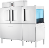 A large industrial stainless steel commercial dishwasher with double doors and black handles, digital top-panel controls, and a blue curtain covering a right-side opening, is shown on metal legs against a white background.