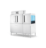 A large, industrial stainless steel conveyor dishwasher with two front doors, a digital control panel on top, and a side compartment showing blue racks. This ENERGY STAR machine stands on four legs against a black background.