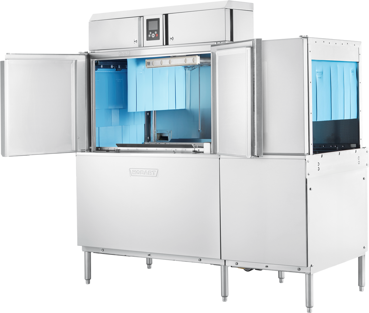 A large Hobart CL66C commercial dishwasher with three doors open reveals a spacious interior lined with blue panels and a metal rack inside. This conveyor dishwasher stands on four legs, featuring a digital control panel on the top front section.