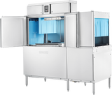 A large Hobart CL66C commercial dishwasher with three doors open reveals a spacious interior lined with blue panels and a metal rack inside. This conveyor dishwasher stands on four legs, featuring a digital control panel on the top front section.