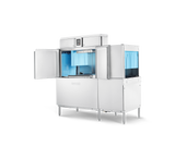 A large, industrial stainless steel conveyor dishwasher with open front doors reveals a blue interior and cleaning mechanisms. Featuring a power scrapper and control panel on top, this Energy Star machine is built for commercial or institutional use against a black background.