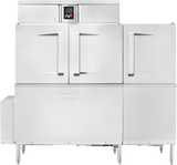 A large industrial stainless steel conveyor dishwasher with two tall front doors, a control panel at the top center, and sturdy legs. The unit features clean lines and a modern design, with Hobart embossed on the front for commercial kitchen use.