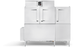 A large stainless steel conveyor dishwasher with double doors on the left and a single door on the right. Features a digital control panel above the doors, four sturdy legs, a box-like compartment, and drain water energy recovery for efficient operation.