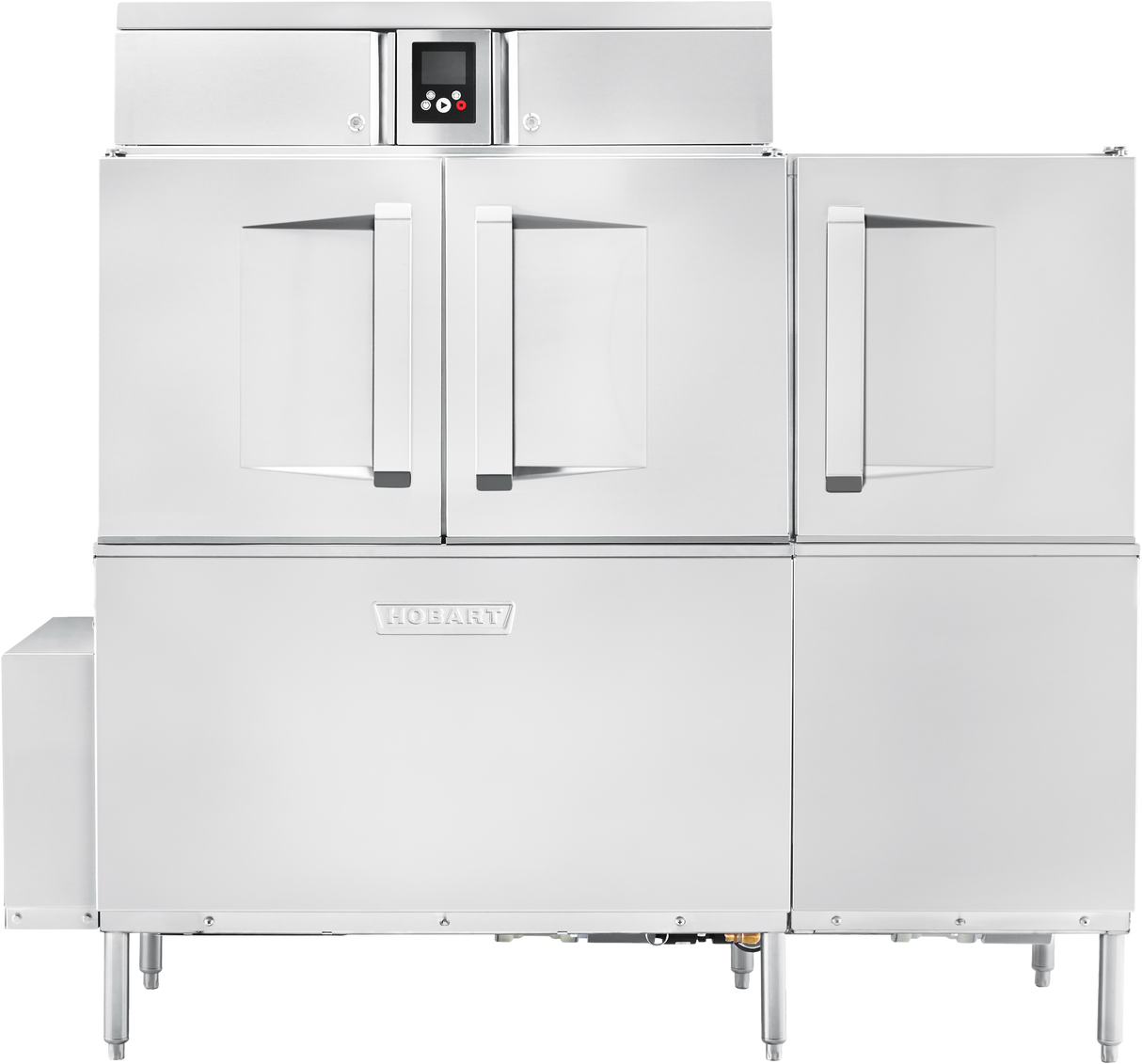 A commercial stainless steel conveyor dishwasher with two large front doors, a digital touch screen control panel at the top center, and a robust rectangular base. The unit has an industrial look, short legs for elevation, and the Hobart brand name visible on the front.