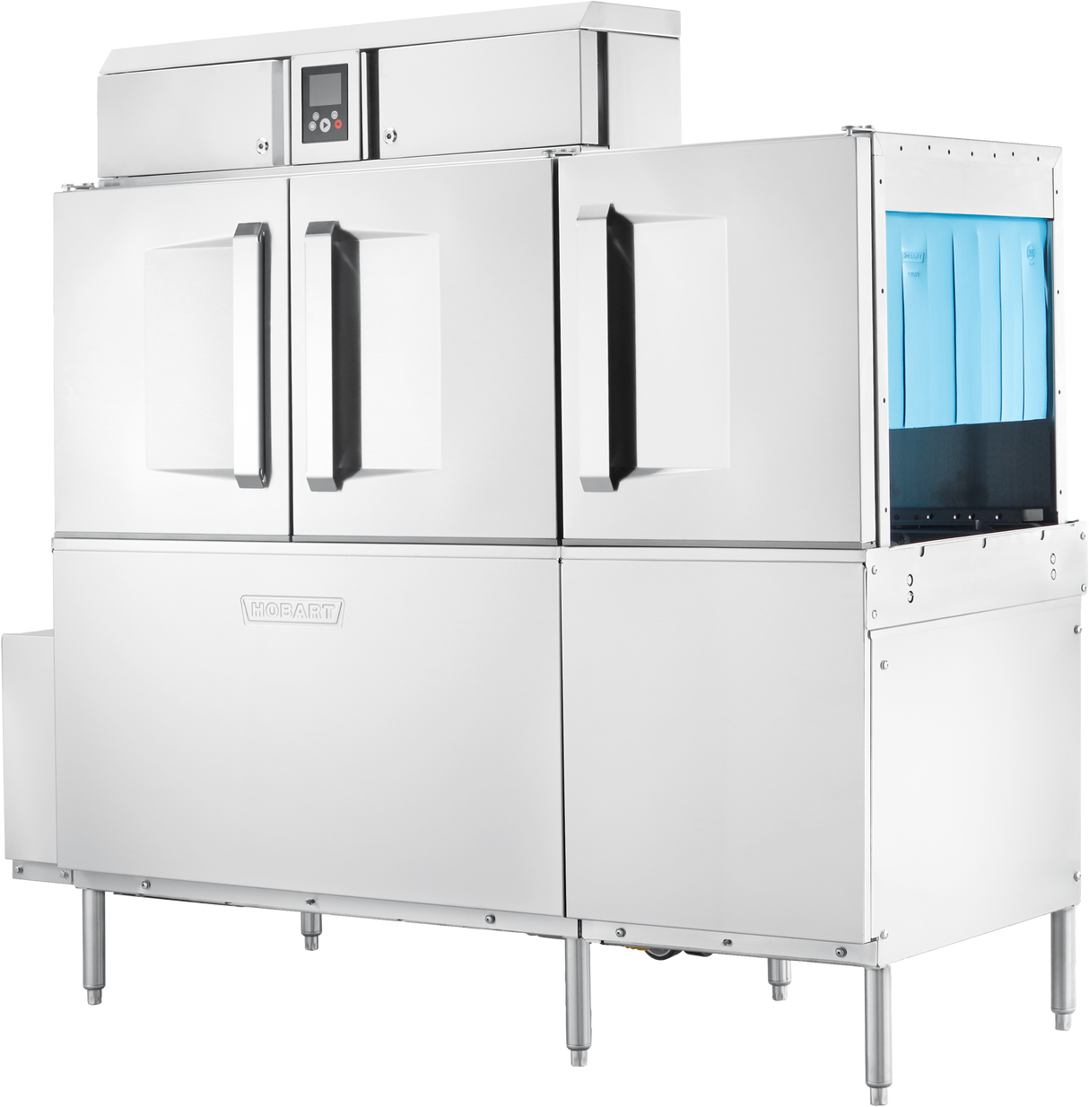 A large, industrial stainless steel conveyor dishwasher with two front doors, a control panel on top, and a power scrapper in the right-side conveyor belt section with blue flaps. The machine stands on adjustable legs and features a modern, clean design.