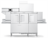 A large, industrial stainless steel conveyor dishwasher with two front doors, control panel on the upper left, ventilation on top for ventless energy recovery, and extended trays on both sides. The Hobart logo is displayed on the front against a plain white background.