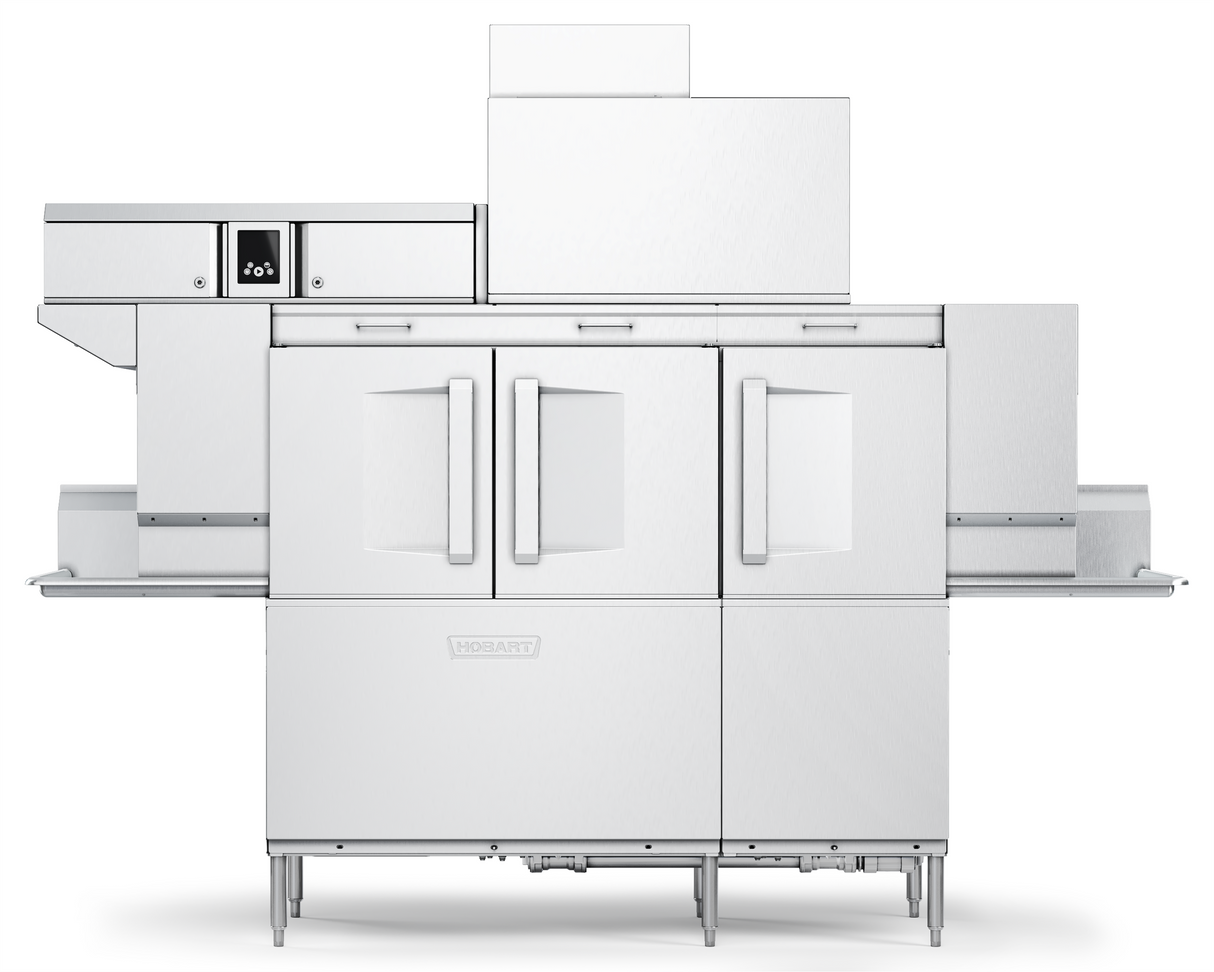 A large, industrial stainless steel Hobart CL66VL-2 conveyor dishwasher with two swing doors, ventless energy recovery, electronic controls on the left, and top ventilation units. Its sleek design is perfect for any professional kitchen.