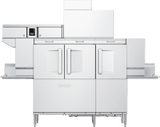 A large, industrial Hobart CL66VL-2 conveyor dishwasher with ventless energy recovery features two front doors, digital controls, and conveyor racks on each side. Clean and modern, it’s ideal for commercial kitchens.