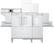 A large, industrial Hobart CL66VL-2 conveyor dishwasher with ventless energy recovery features two front doors, digital controls, and conveyor racks on each side. Clean and modern, it’s ideal for commercial kitchens.