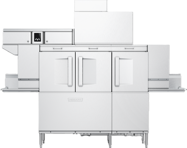 A large, industrial Hobart CL66VL-2 conveyor dishwasher with ventless energy recovery features two front doors, digital controls, and conveyor racks on each side. Clean and modern, it’s ideal for commercial kitchens.