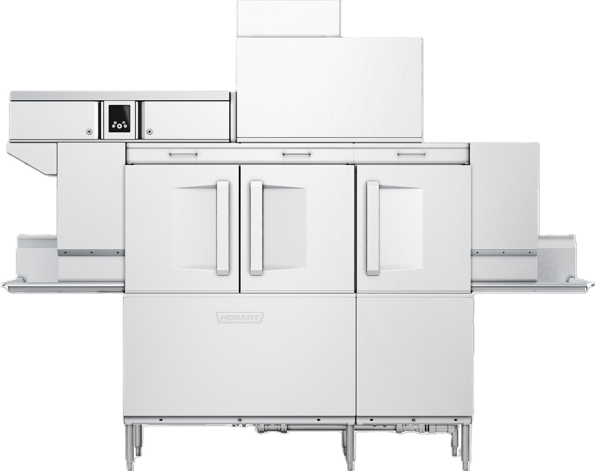 A large industrial stainless steel conveyor dishwasher with two vertical doors, a digital control panel on the left, and conveyor-style entry and exit platforms. This robust, modern machine features ventless energy recovery and stands on sturdy legs.