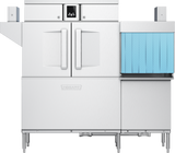 A commercial stainless steel ENERGY STAR Conveyor Dishwasher with two front doors, a small display above, Hobart logo below, and a blue vertical strip curtain on the right for loading; the machine stands on sturdy metal legs.