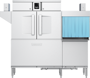 A commercial stainless steel ENERGY STAR Conveyor Dishwasher with two front doors, a small display above, Hobart logo below, and a blue vertical strip curtain on the right for loading; the machine stands on sturdy metal legs.