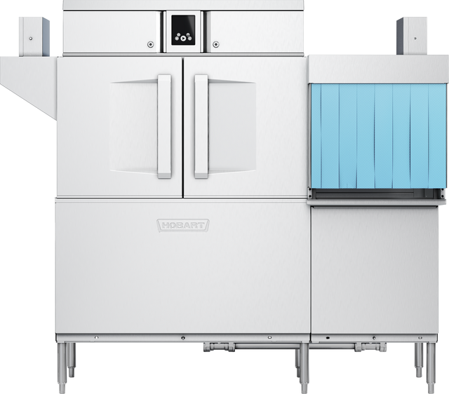 A commercial stainless steel ENERGY STAR Conveyor Dishwasher with two front doors, a small display above, Hobart logo below, and a blue vertical strip curtain on the right for loading; the machine stands on sturdy metal legs.