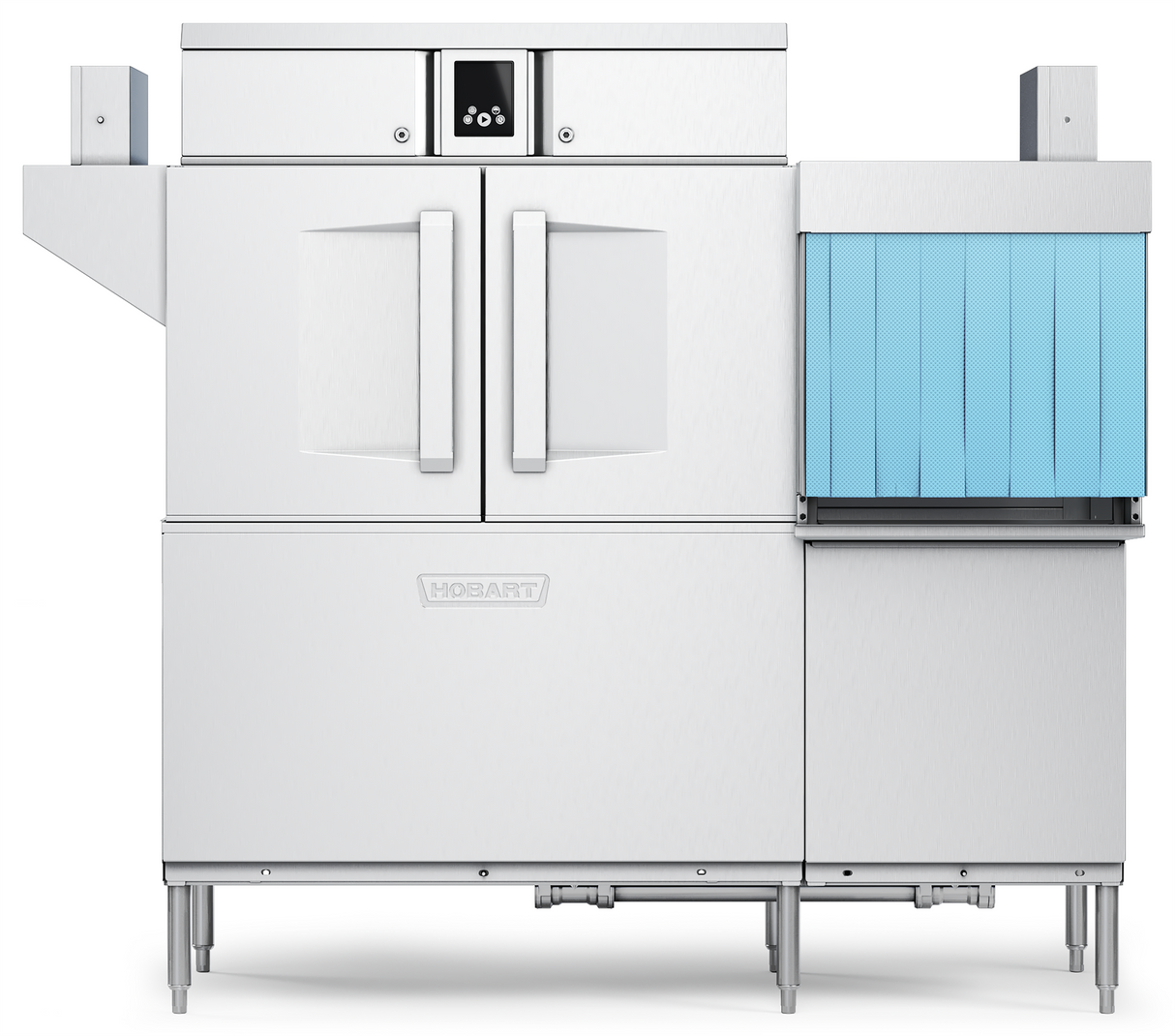 Large industrial conveyor dishwasher with two metal doors in the center, a digital display above, and a vertical blue plastic curtain on the right. This ENERGY STAR Hobart model features a stainless steel finish and stands on four legs.