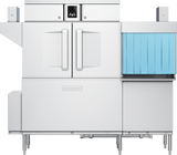A commercial conveyor dishwasher with two front doors, a digital control panel above, and a blue curtain on the right side. The stainless steel machine features a power scrapper, Hobart logo on the front, and stands on sturdy metal legs.