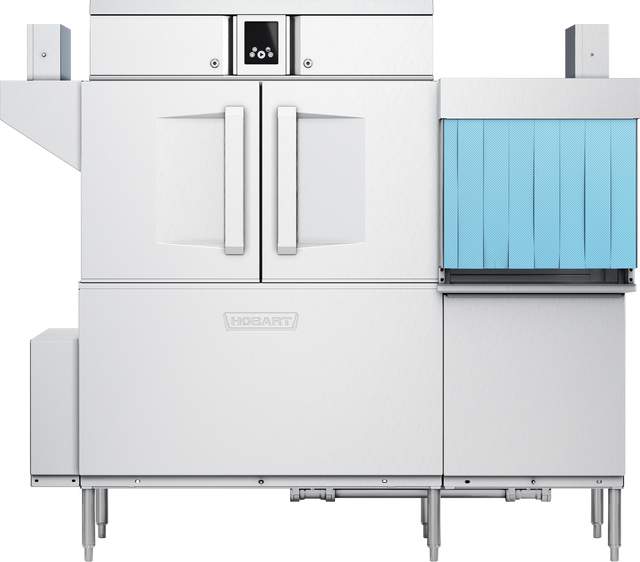 A commercial conveyor dishwasher with two front doors, a digital control panel above, and a blue curtain on the right side. The stainless steel machine features a power scrapper, Hobart logo on the front, and stands on sturdy metal legs.