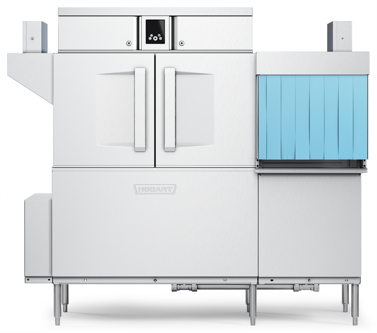 A large, stainless steel Hobart conveyor dishwasher stands on metal legs, featuring double doors in the center, a control panel above, and a blue plastic curtain on the right for loading. The machine includes a power scrapper for enhanced cleaning performance.