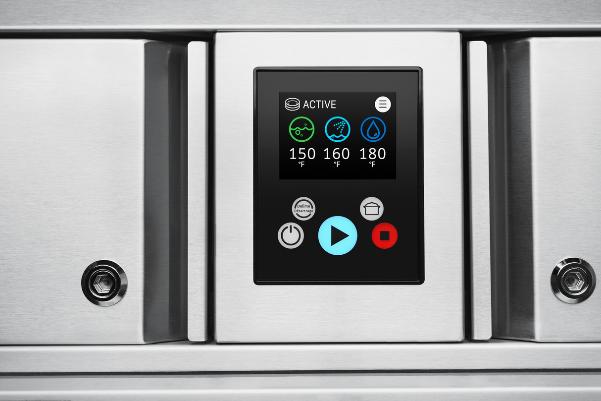 A close-up of a digital touchscreen control panel on a stainless steel conveyor dishwasher, displaying three temperature settings (150°F, 160°F, 180°F) with icons above each. The screen shows “ACTIVE” status and has power, play, pause, and stop buttons below.