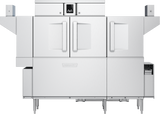 A commercial stainless steel Hobart conveyor dishwasher with two large front doors, a small control panel above, and side tables for loading and unloading. The machine features adjustable legs, modern industrial design, and automatic soil removal.