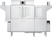 A commercial stainless steel Hobart conveyor dishwasher with two large front doors, a small control panel above, and side tables for loading and unloading. The machine features adjustable legs, modern industrial design, and automatic soil removal.