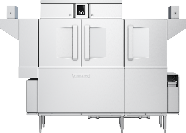 A commercial stainless steel Hobart conveyor dishwasher with two large front doors, a small control panel above, and side tables for loading and unloading. The machine features adjustable legs, modern industrial design, and automatic soil removal.