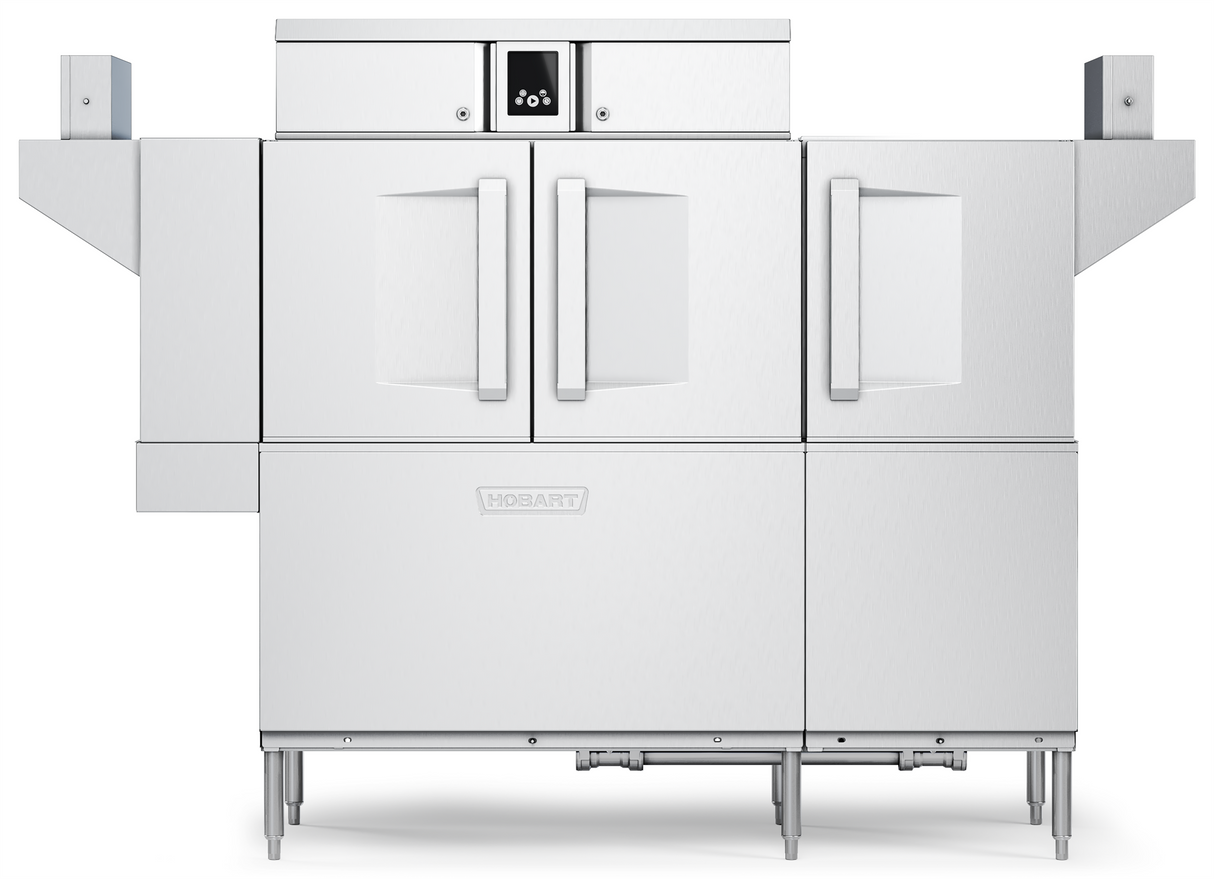 A large commercial stainless steel Hobart conveyor dishwasher with two front doors, a central digital display, power scrapper, two side-mounted drying extensions, and adjustable legs. Its modern design features clean lines and an industrial Energy Star appearance.