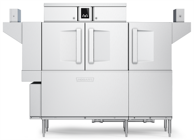 A large, stainless steel conveyor dishwasher with two side doors, digital control panel at the top center, and the Hobart logo on the front. Featuring side extensions and sturdy legs, this sleek machine offers drain water energy recovery for efficiency.