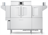 A large stainless steel conveyor dishwasher with two front doors, handles, touch screen controls above, and side extensions. The machine stands on four metal legs and features the Hobart logo on the front lower panel.